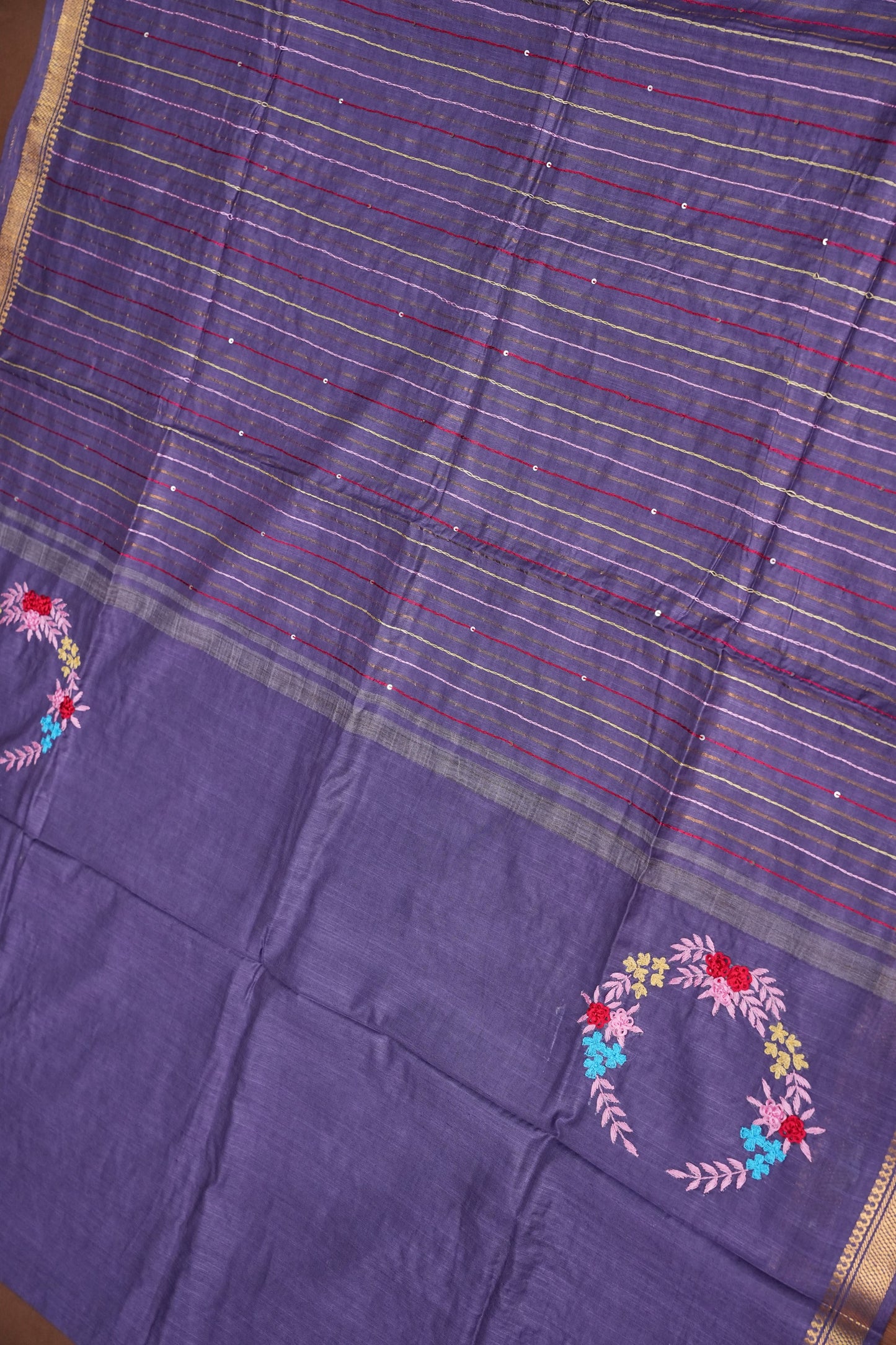 Hand Embroidery Pure Linen Silk Saree With Gold Zari Border - Smoky Lavender Purple
