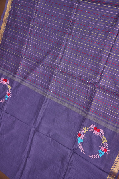 Hand Embroidery Pure Linen Silk Saree With Gold Zari Border - Smoky Lavender Purple