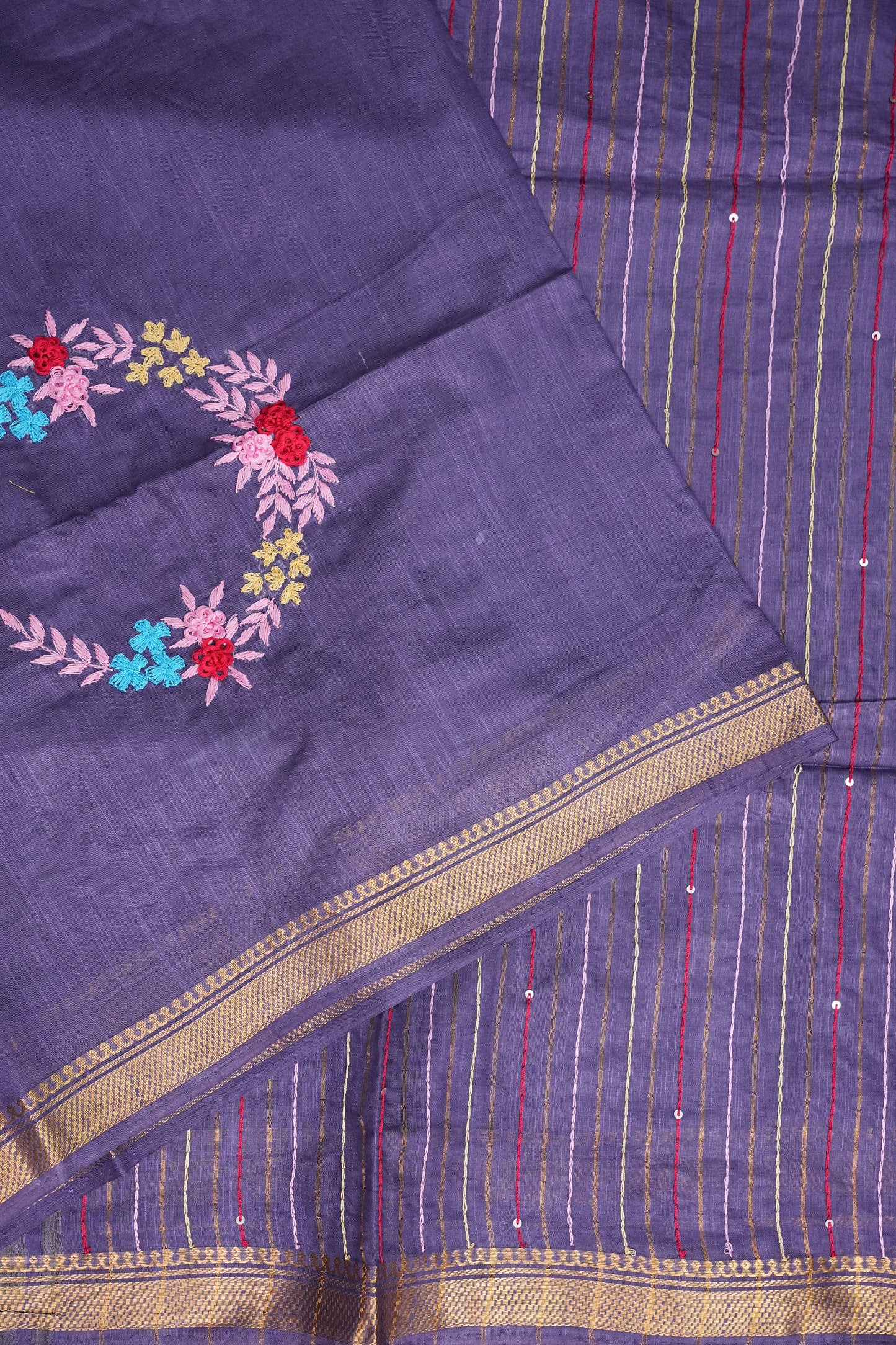 Hand Embroidery Pure Linen Silk Saree With Gold Zari Border - Smoky Lavender Purple