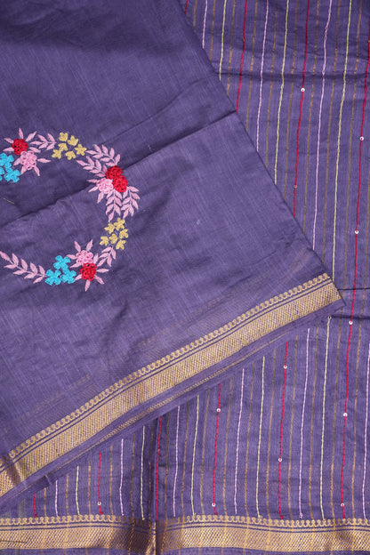 Hand Embroidery Pure Linen Silk Saree With Gold Zari Border - Smoky Lavender Purple