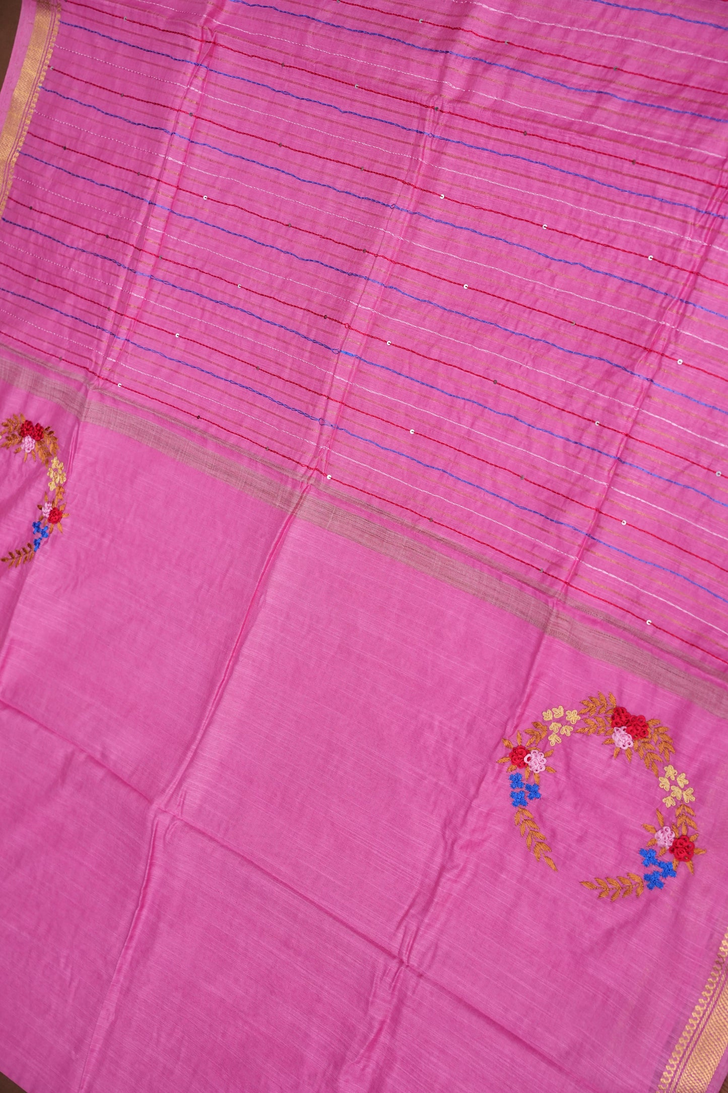 Hand Embroidery Pure Linen Silk Saree With Gold Zari Border - Candy Pink