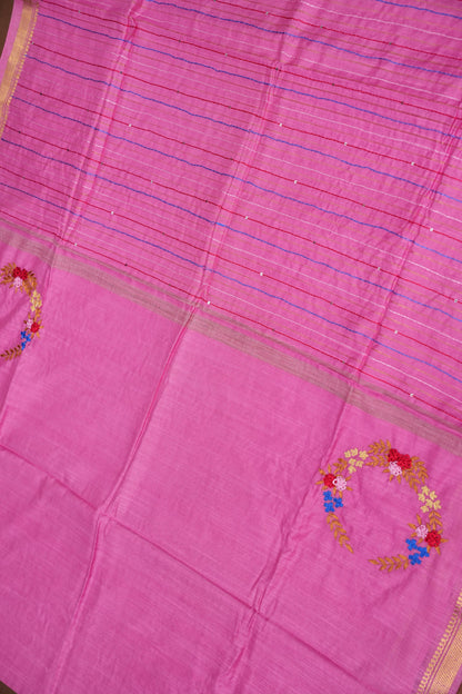 Hand Embroidery Pure Linen Silk Saree With Gold Zari Border - Candy Pink