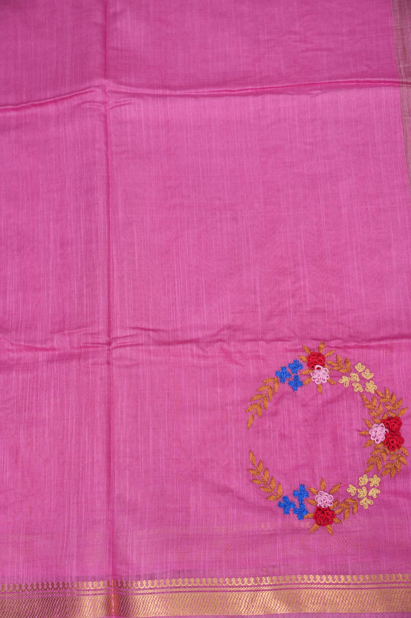 Hand Embroidery Pure Linen Silk Saree With Gold Zari Border - Candy Pink