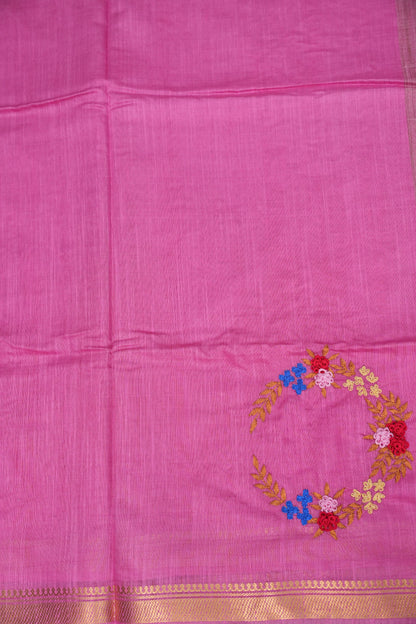 Hand Embroidery Pure Linen Silk Saree With Gold Zari Border - Candy Pink