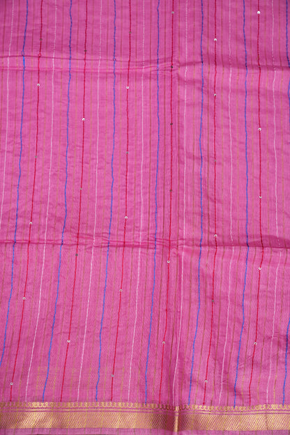 Hand Embroidery Pure Linen Silk Saree With Gold Zari Border - Candy Pink