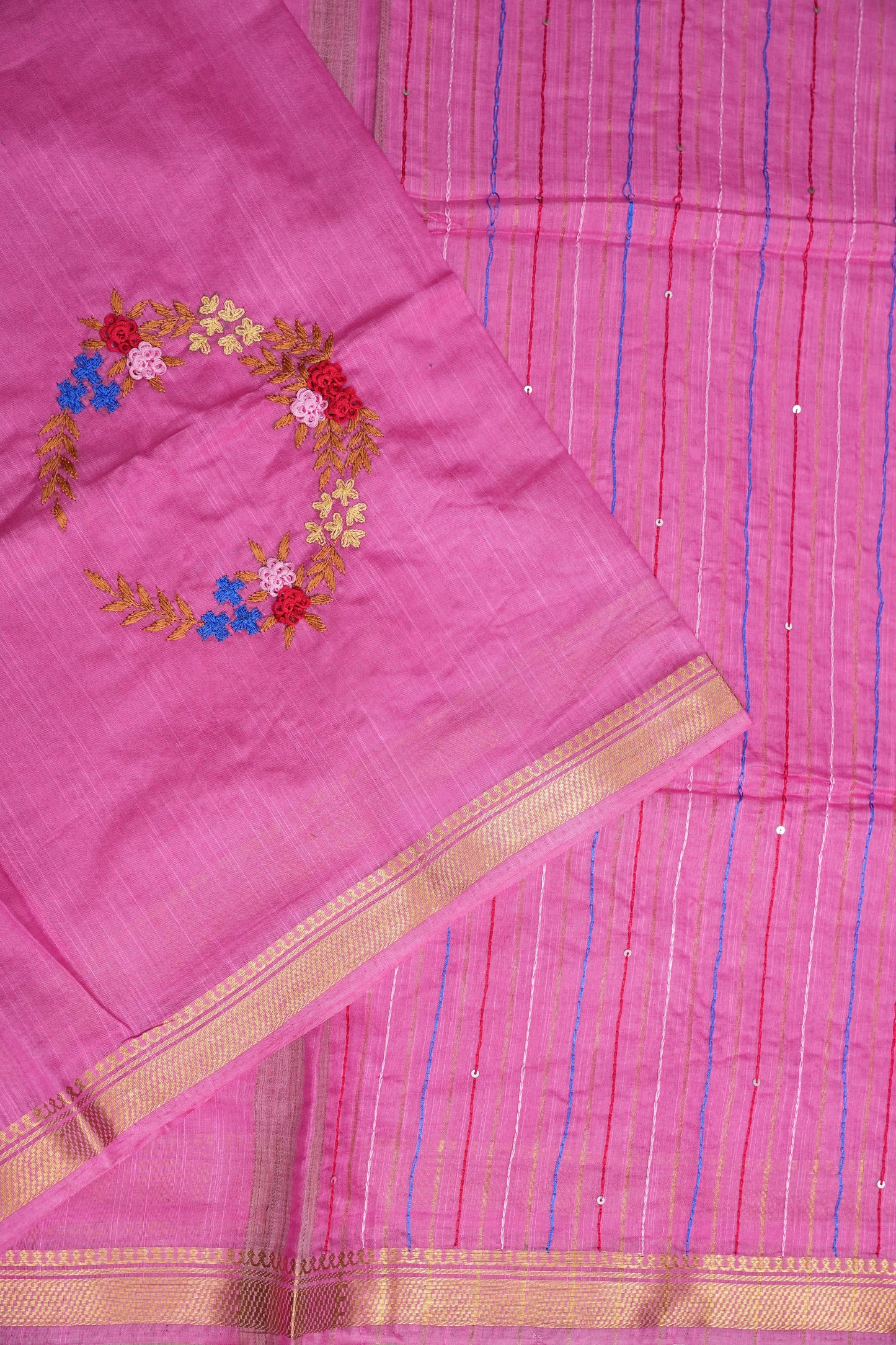 Hand Embroidery Pure Linen Silk Saree With Gold Zari Border - Candy Pink