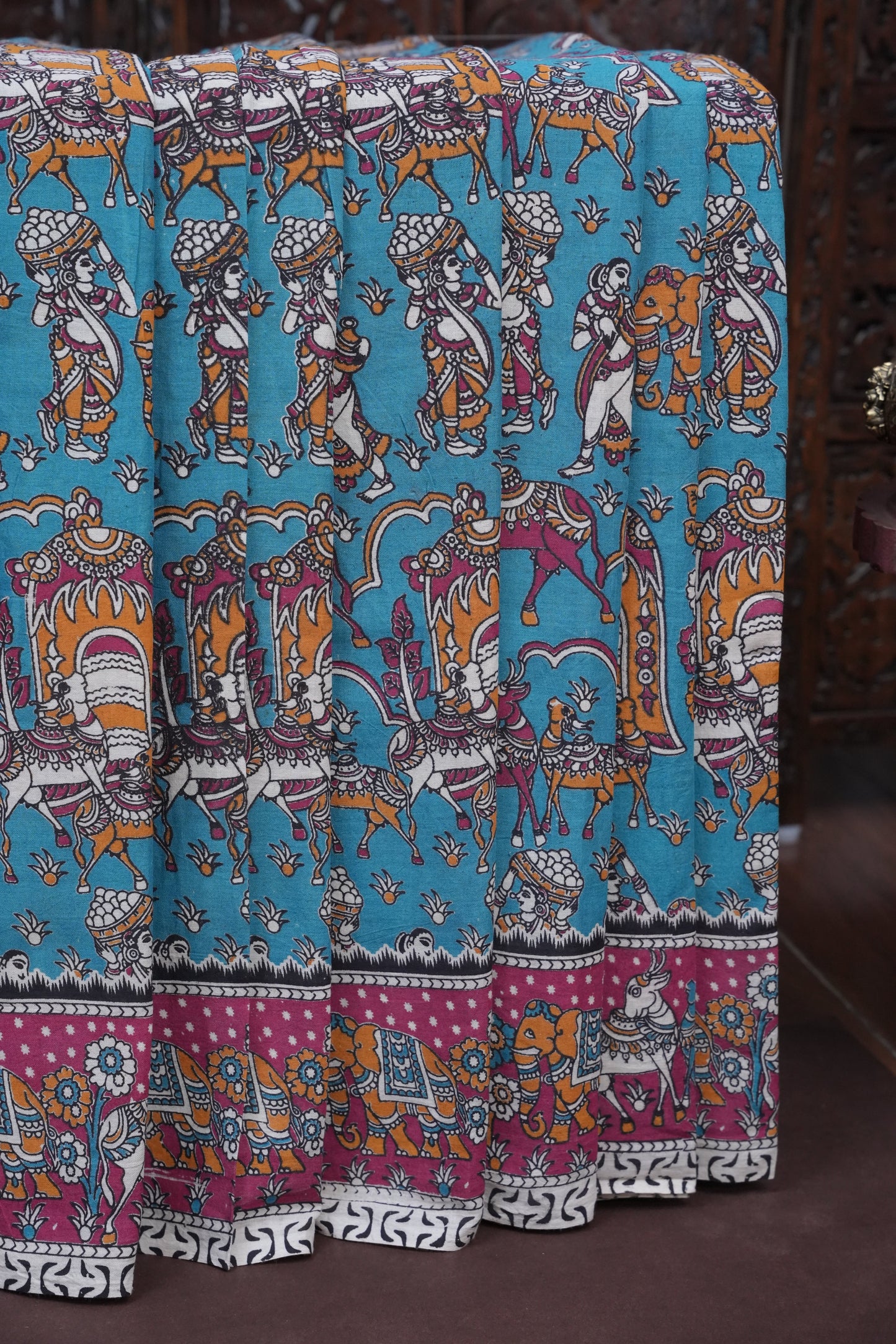 Pure Cotton Saree with Digital Kalamkari Prints - Turquoise Blue & Pink