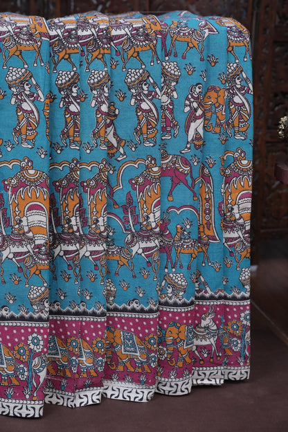 Pure Cotton Saree with Digital Kalamkari Prints - Turquoise Blue & Pink
