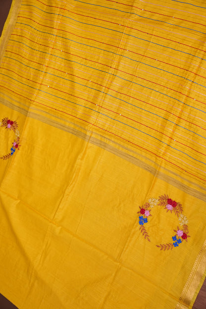 Hand Embroidery Pure Linen Silk Saree With Gold Zari Border - Yellow