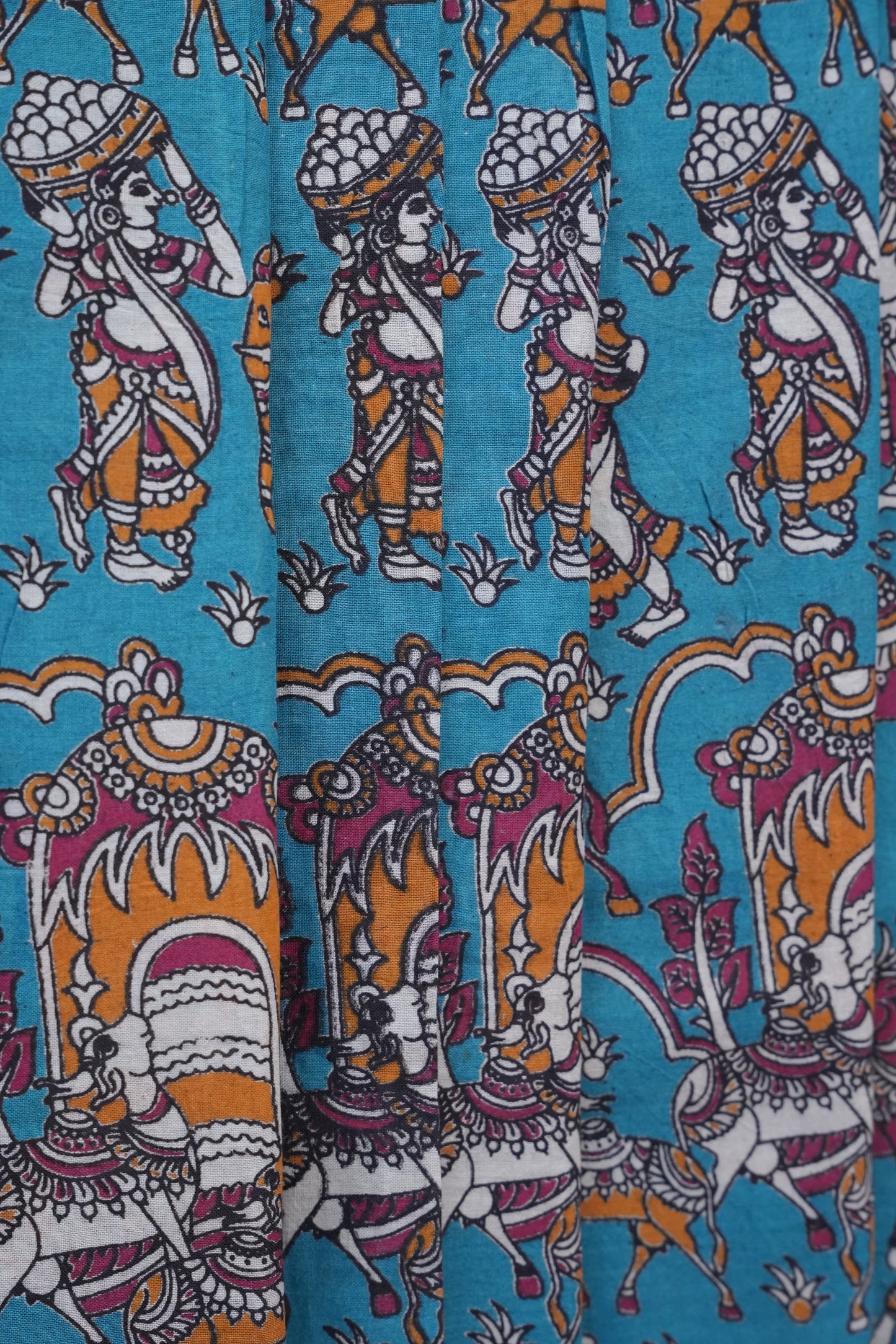 Pure Cotton Saree with Digital Kalamkari Prints - Turquoise Blue & Pink