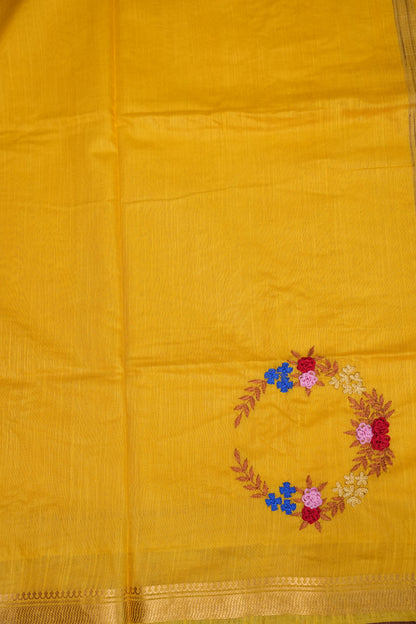 Hand Embroidery Pure Linen Silk Saree With Gold Zari Border - Yellow