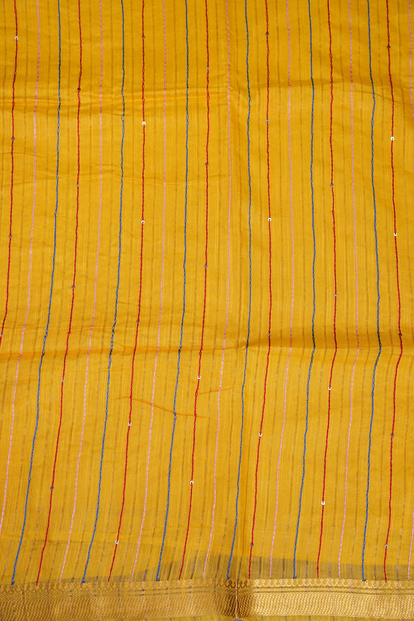 Hand Embroidery Pure Linen Silk Saree With Gold Zari Border - Yellow