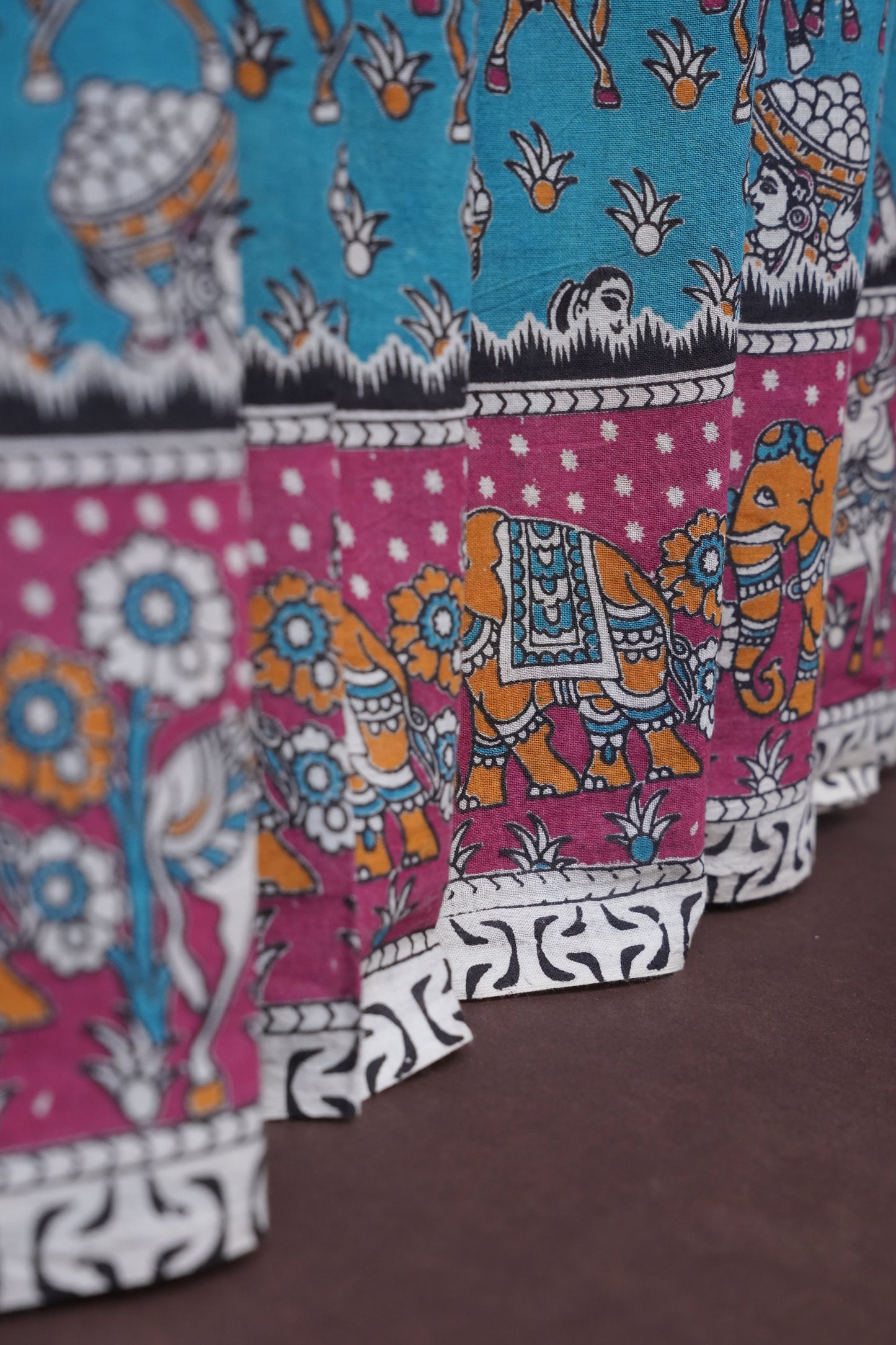 Pure Cotton Saree with Digital Kalamkari Prints - Turquoise Blue & Pink