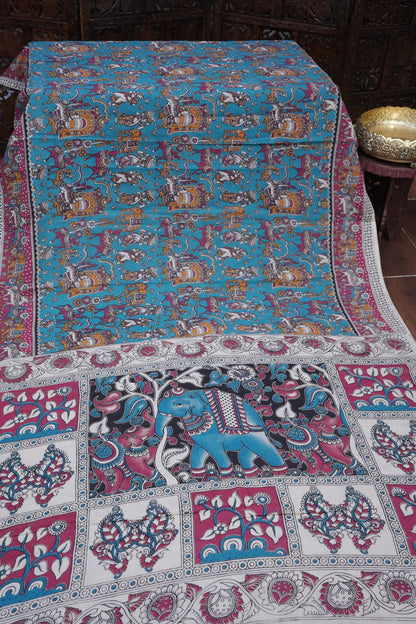 Pure Cotton Saree with Digital Kalamkari Prints - Turquoise Blue & Pink