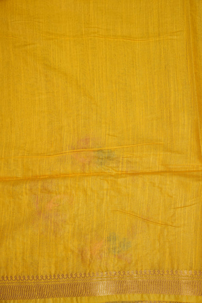 Hand Embroidery Pure Linen Silk Saree With Gold Zari Border - Yellow