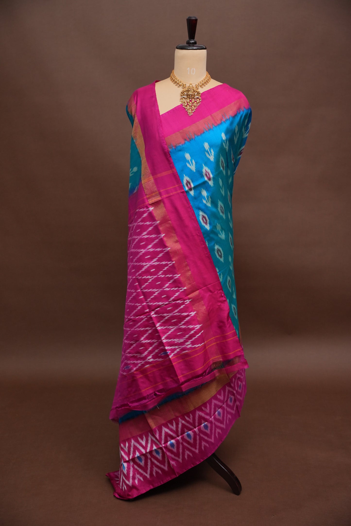 Pure Ikkat Soft Silk Saree - Turquoise Blue & Rani Pink