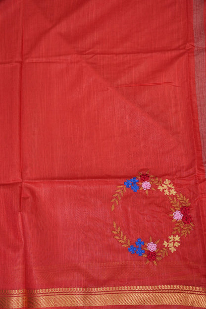 Hand Embroidery Pure Linen Silk Saree With Gold Zari Border - Red