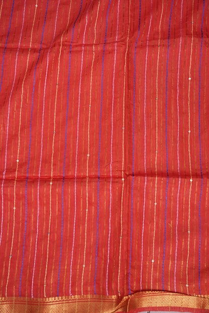 Hand Embroidery Pure Linen Silk Saree With Gold Zari Border - Red
