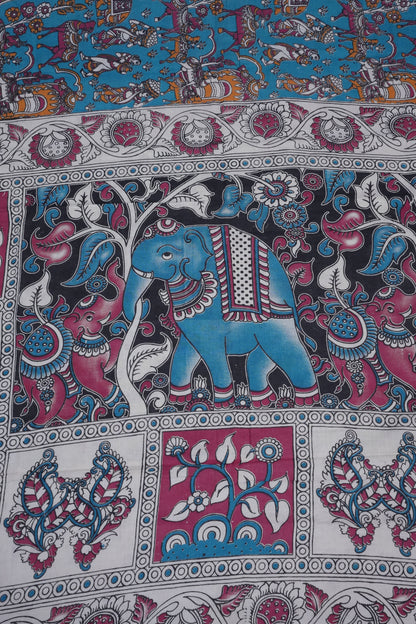 Pure Cotton Saree with Digital Kalamkari Prints - Turquoise Blue & Pink