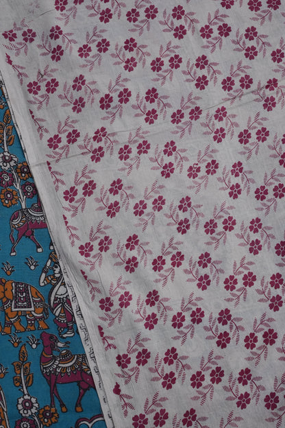 Pure Cotton Saree with Digital Kalamkari Prints - Turquoise Blue & Pink