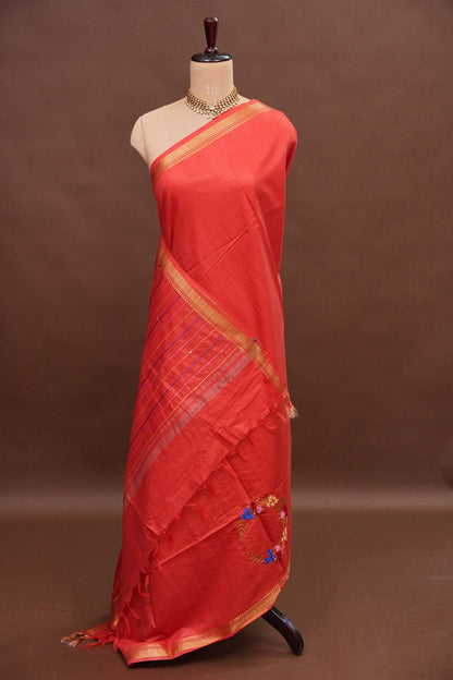 Hand Embroidery Pure Linen Silk Saree With Gold Zari Border - Red