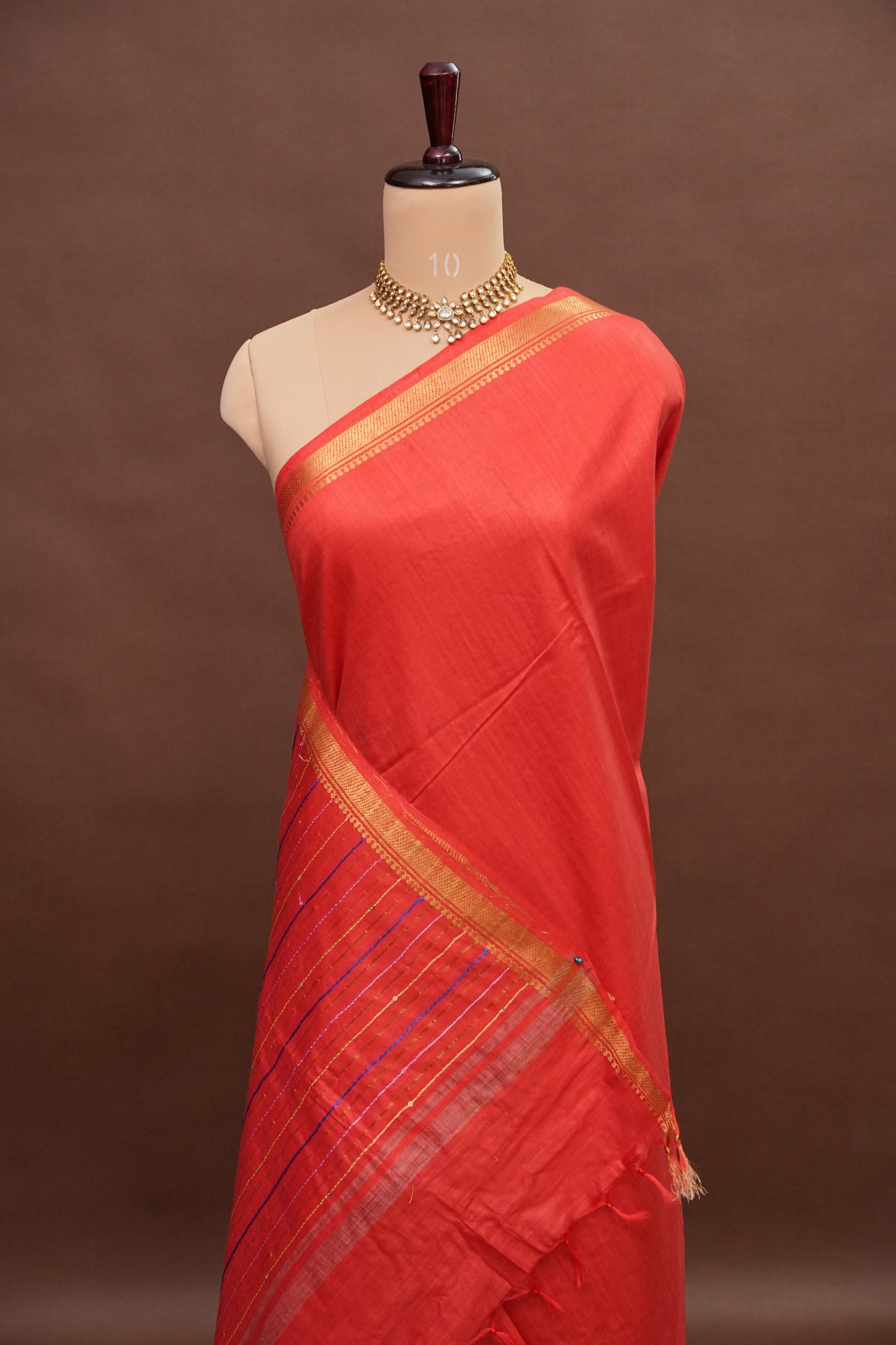 Hand Embroidery Pure Linen Silk Saree With Gold Zari Border - Red