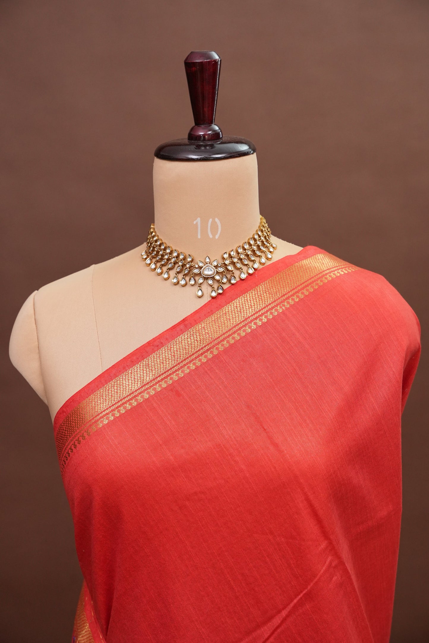 Hand Embroidery Pure Linen Silk Saree With Gold Zari Border - Red