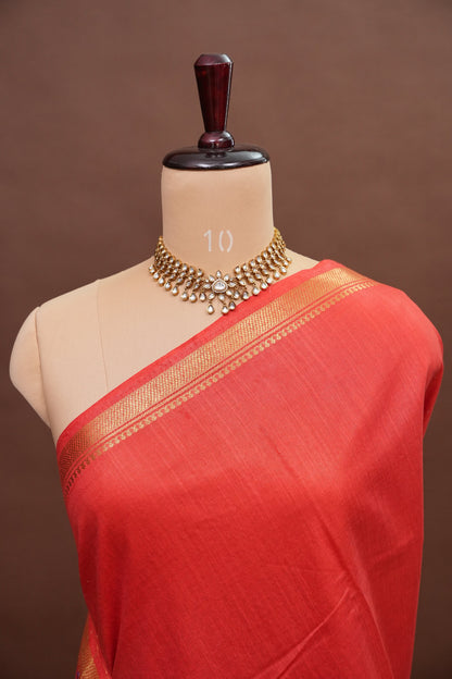 Hand Embroidery Pure Linen Silk Saree With Gold Zari Border - Red