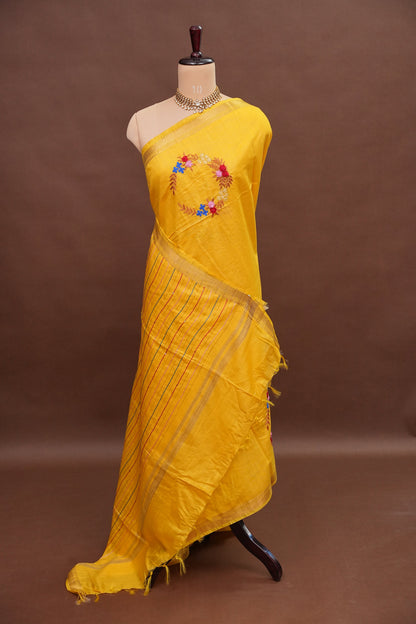Hand Embroidery Pure Linen Silk Saree With Gold Zari Border - Yellow