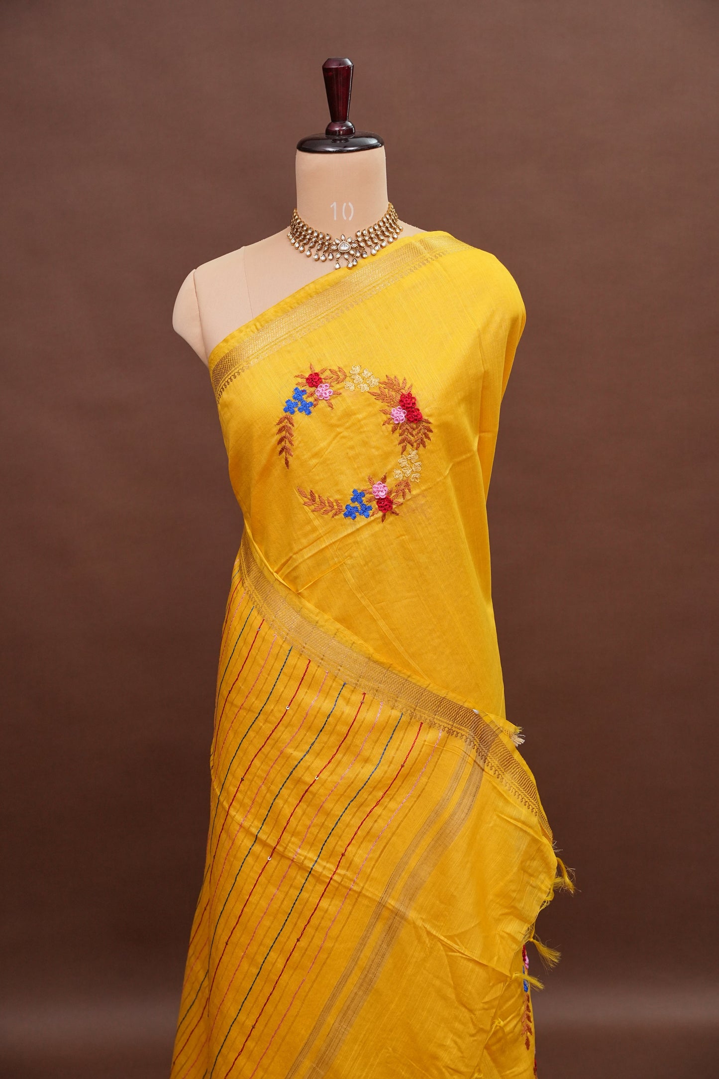 Hand Embroidery Pure Linen Silk Saree With Gold Zari Border - Yellow