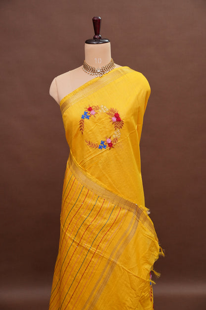 Hand Embroidery Pure Linen Silk Saree With Gold Zari Border - Yellow