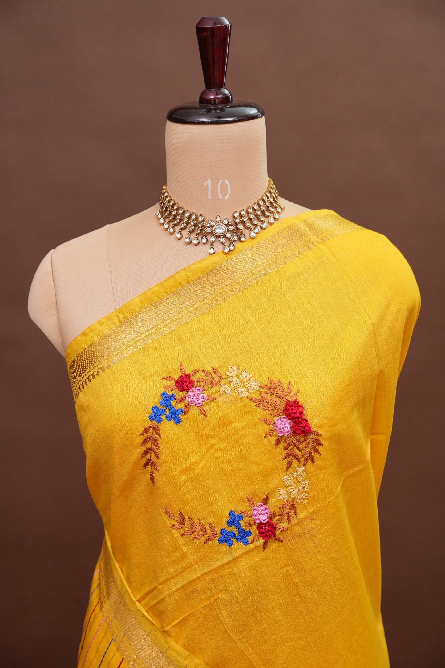 Hand Embroidery Pure Linen Silk Saree With Gold Zari Border - Yellow