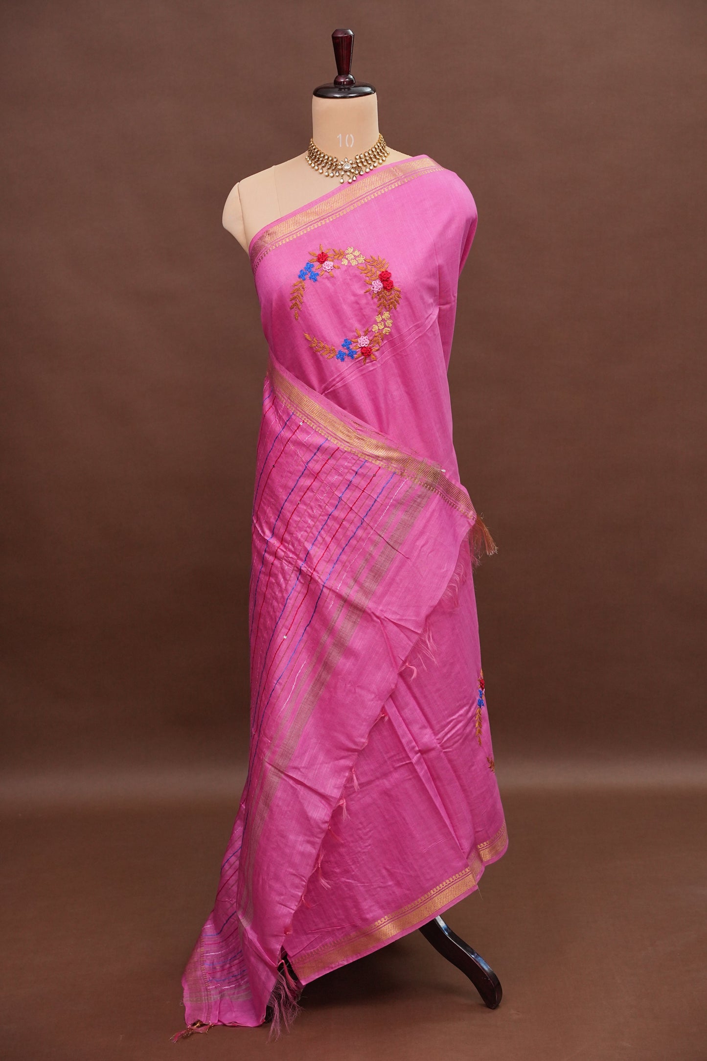Hand Embroidery Pure Linen Silk Saree With Gold Zari Border - Candy Pink