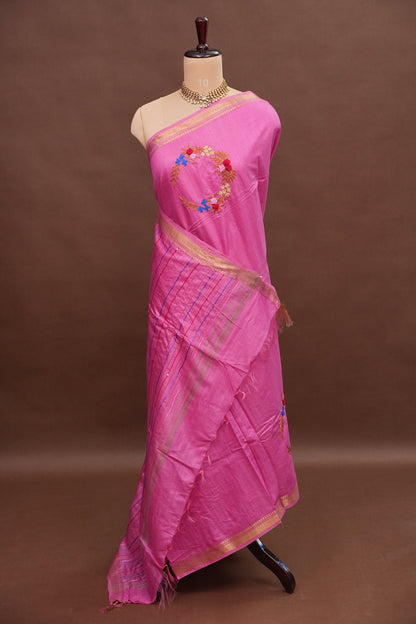 Hand Embroidery Pure Linen Silk Saree With Gold Zari Border - Candy Pink