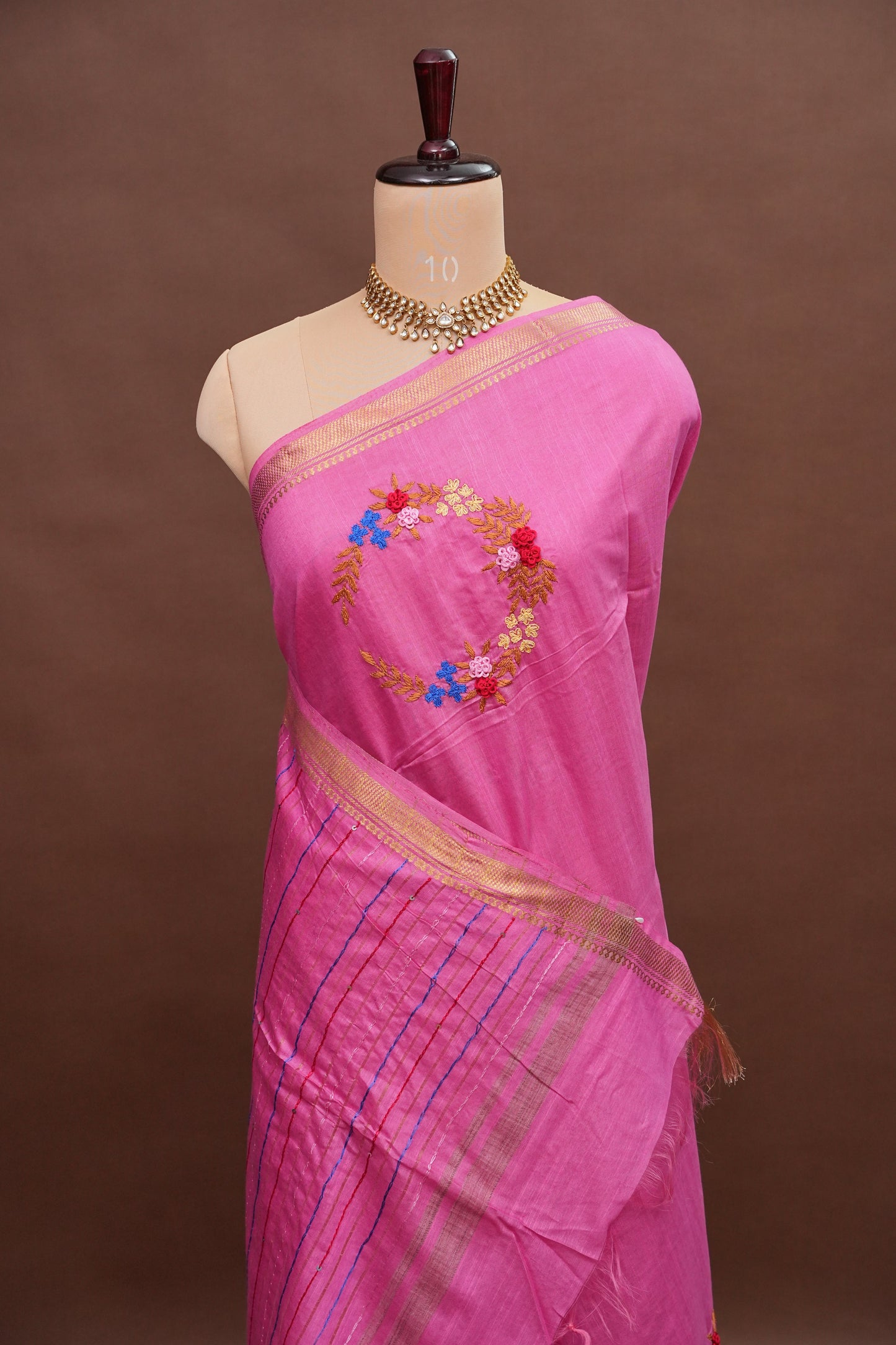 Hand Embroidery Pure Linen Silk Saree With Gold Zari Border - Candy Pink