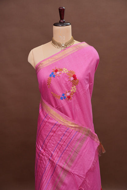 Hand Embroidery Pure Linen Silk Saree With Gold Zari Border - Candy Pink