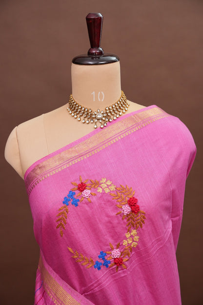 Hand Embroidery Pure Linen Silk Saree With Gold Zari Border - Candy Pink