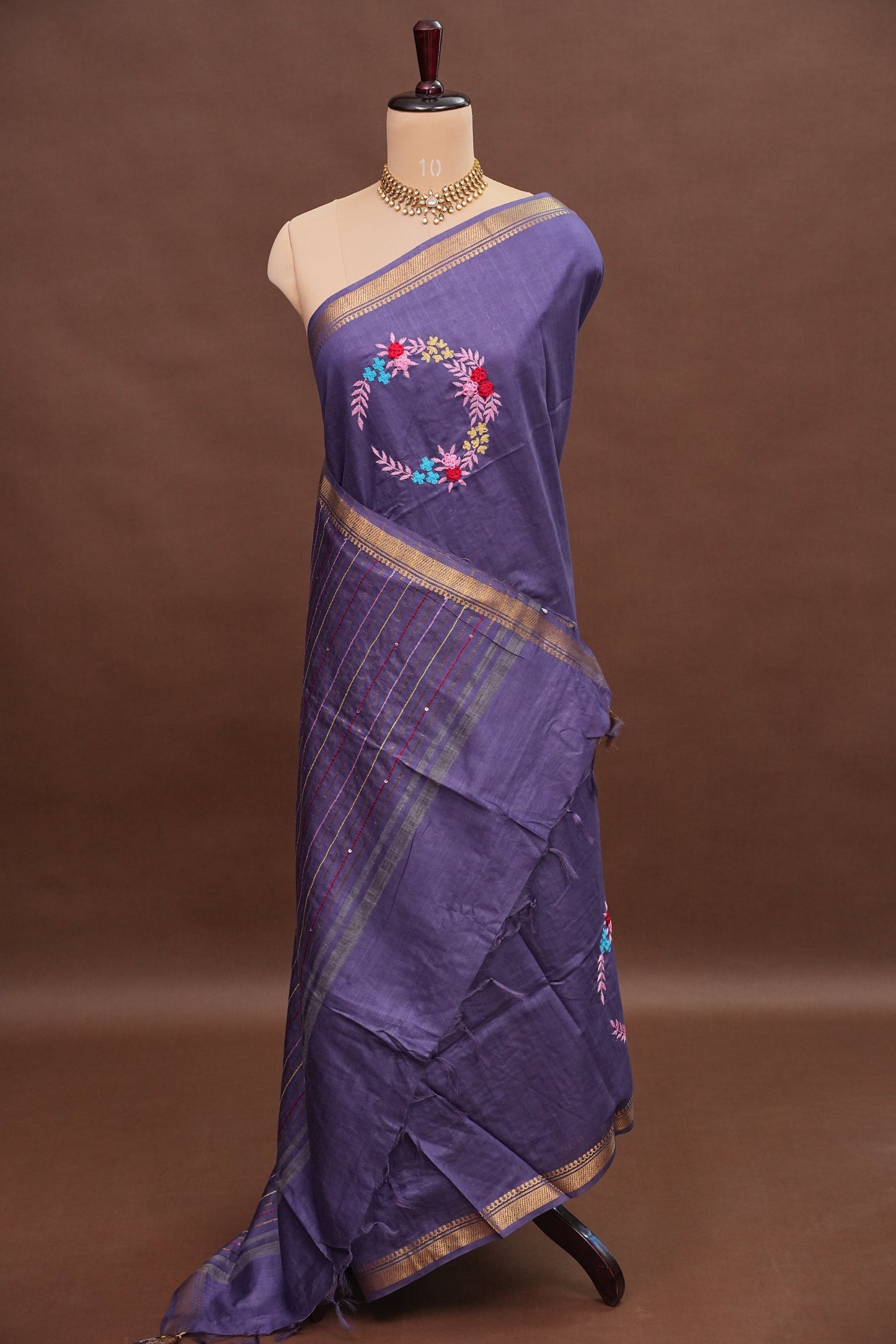 Hand Embroidery Pure Linen Silk Saree With Gold Zari Border - Smoky Lavender Purple
