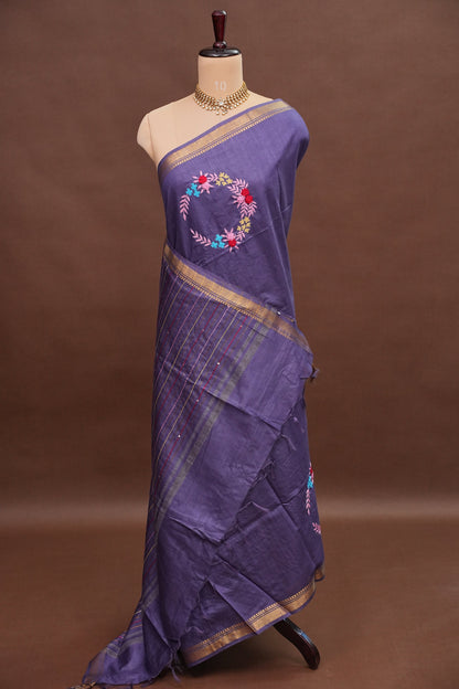 Hand Embroidery Pure Linen Silk Saree With Gold Zari Border - Smoky Lavender Purple