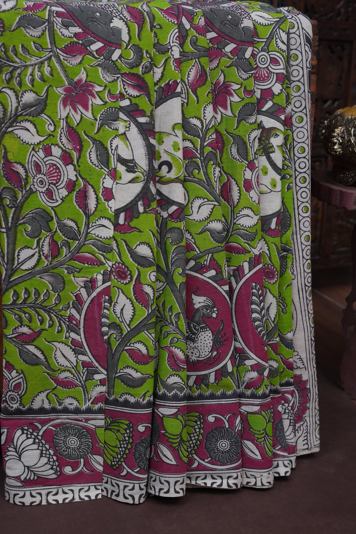 Pure Cotton Saree with Digital Kalamkari Prints - Parrot Green & Majenta
