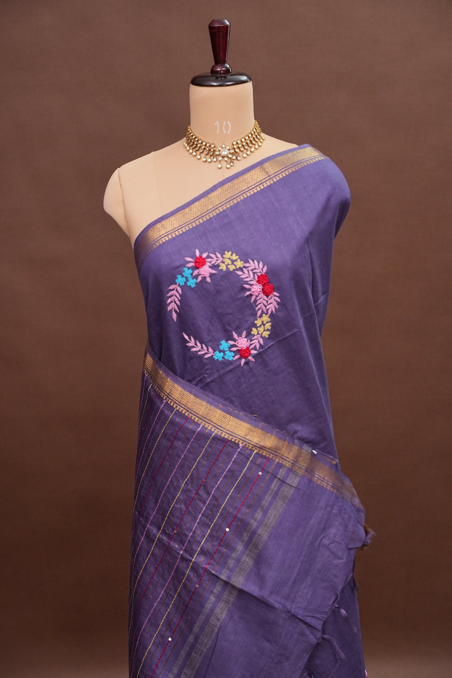 Hand Embroidery Pure Linen Silk Saree With Gold Zari Border - Smoky Lavender Purple