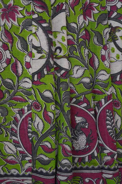 Pure Cotton Saree with Digital Kalamkari Prints - Parrot Green & Majenta