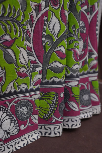 Pure Cotton Saree with Digital Kalamkari Prints - Parrot Green & Majenta