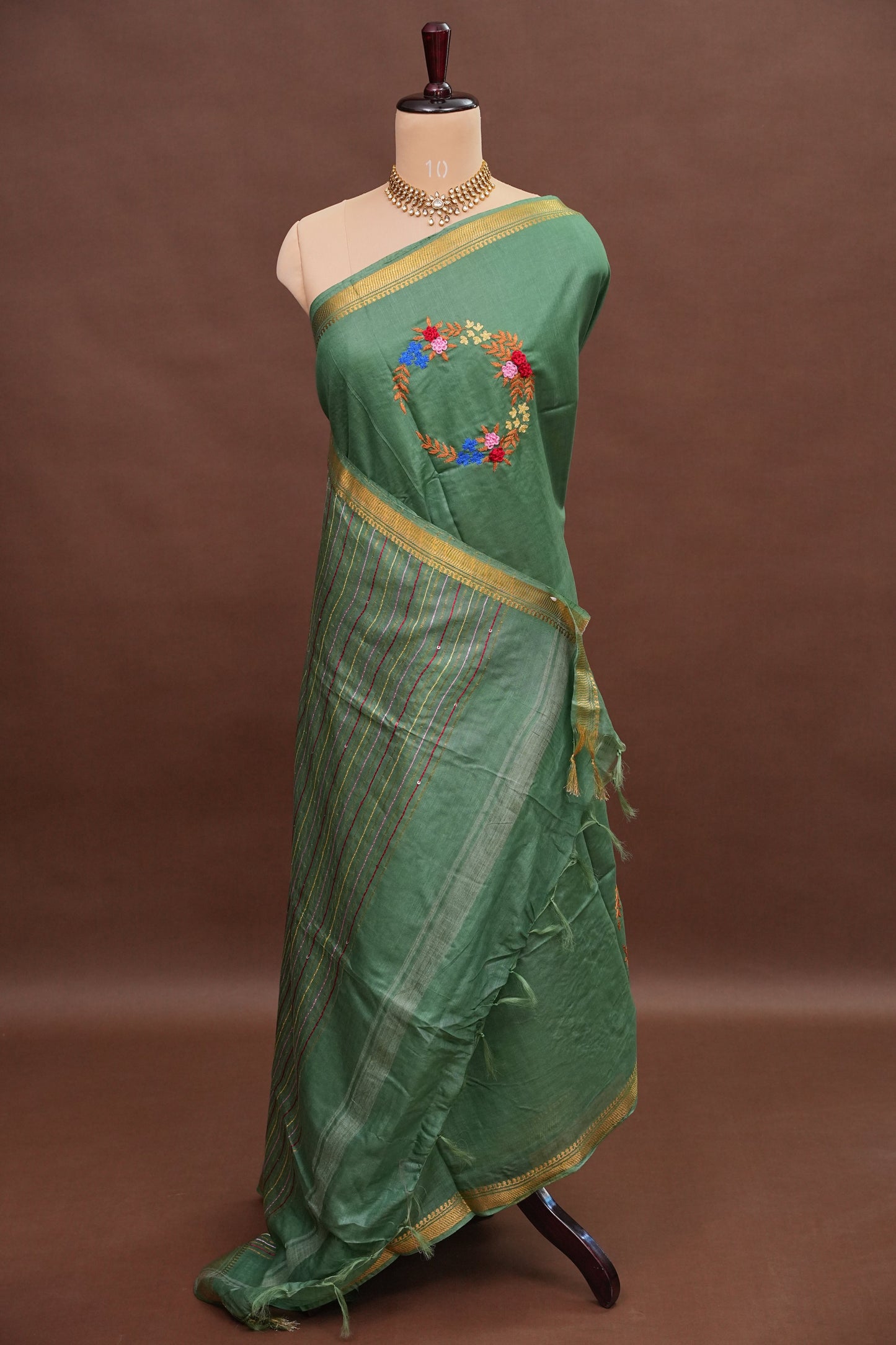 Hand Embroidery Pure Linen Silk Saree With Gold Zari Border - Deep Leaf Green