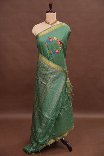 Hand Embroidery Pure Linen Silk Saree With Gold Zari Border - Deep Leaf Green