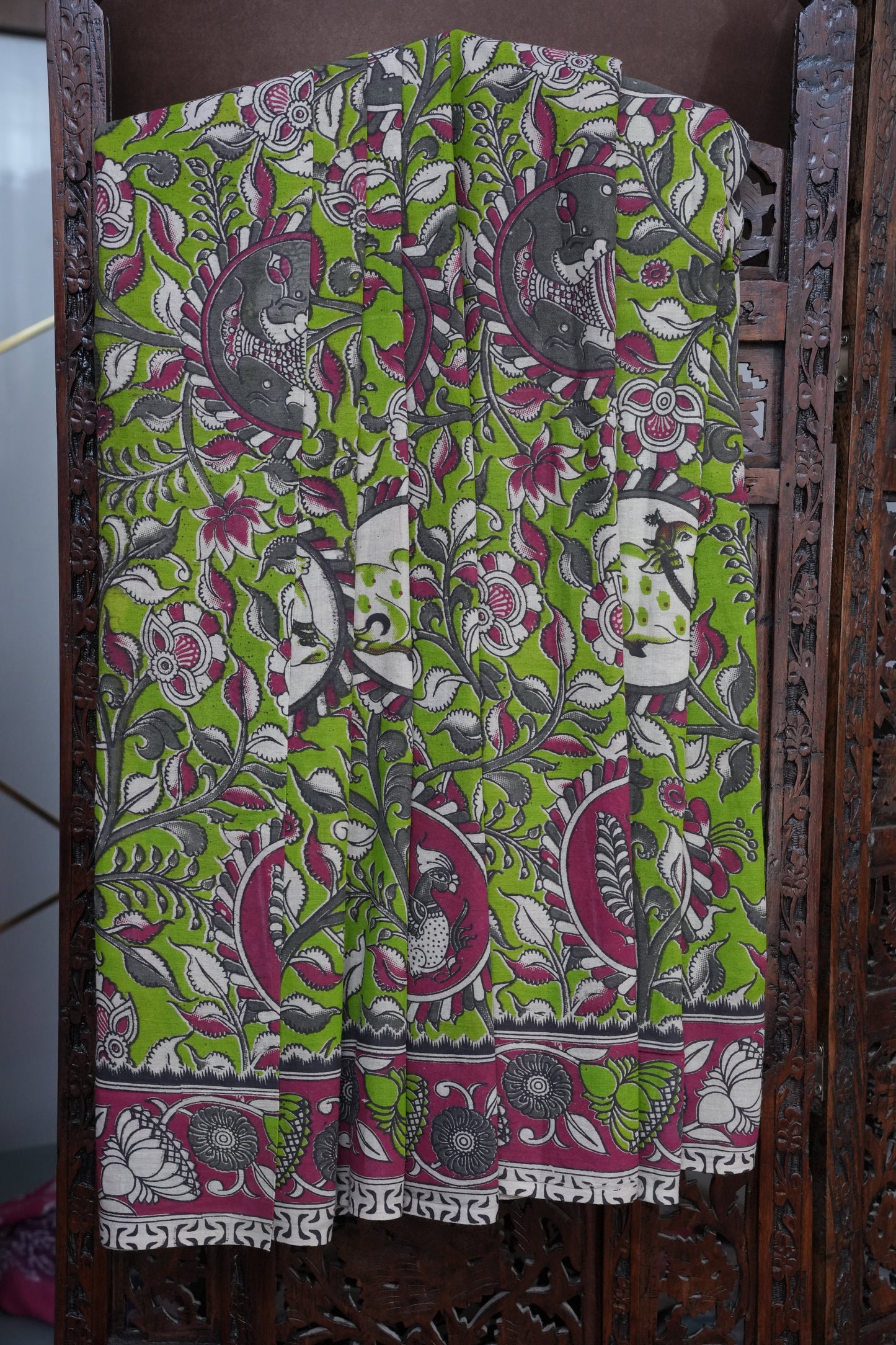 Pure Cotton Saree with Digital Kalamkari Prints - Parrot Green & Majenta