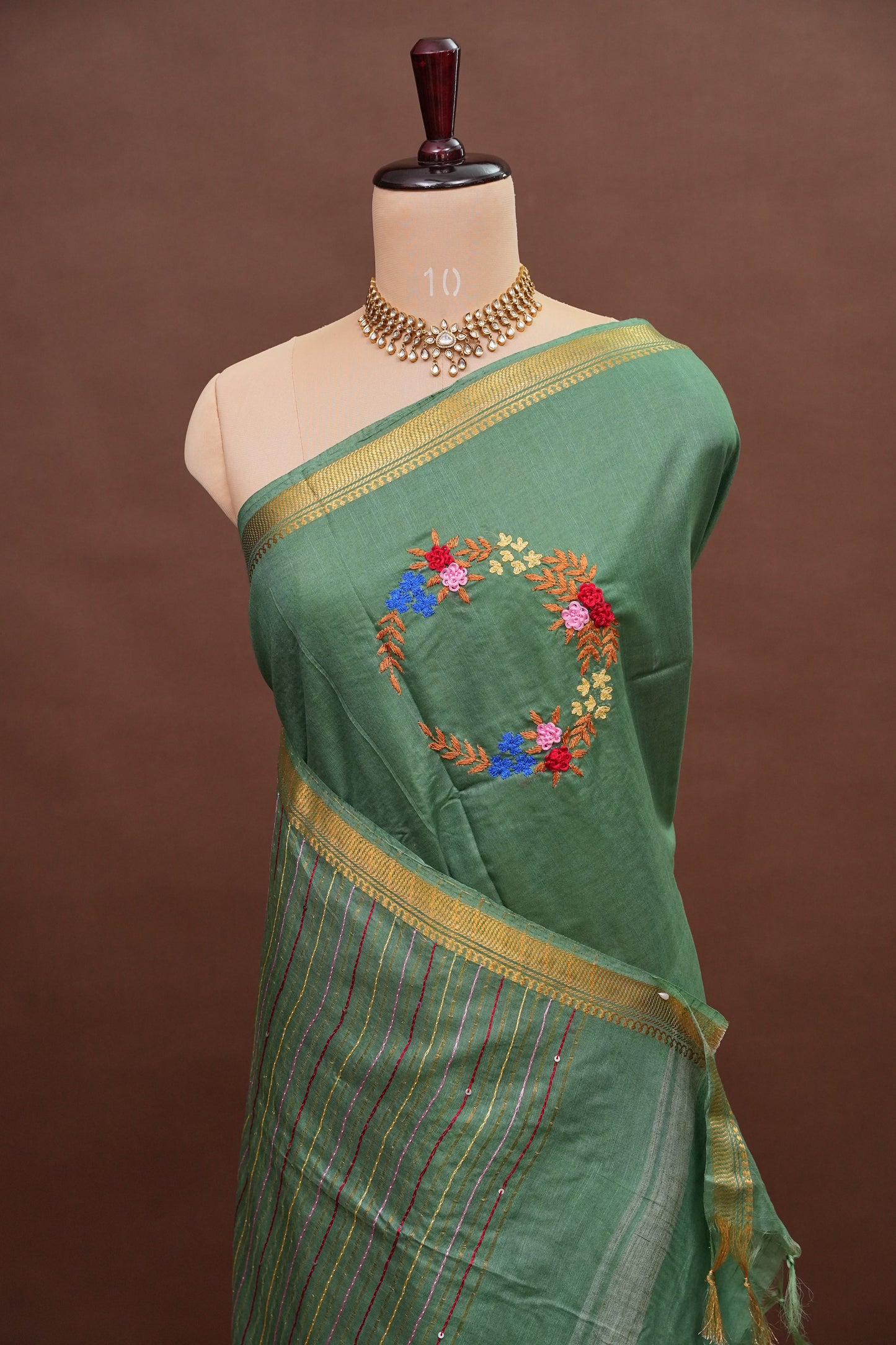 Hand Embroidery Pure Linen Silk Saree With Gold Zari Border - Deep Leaf Green