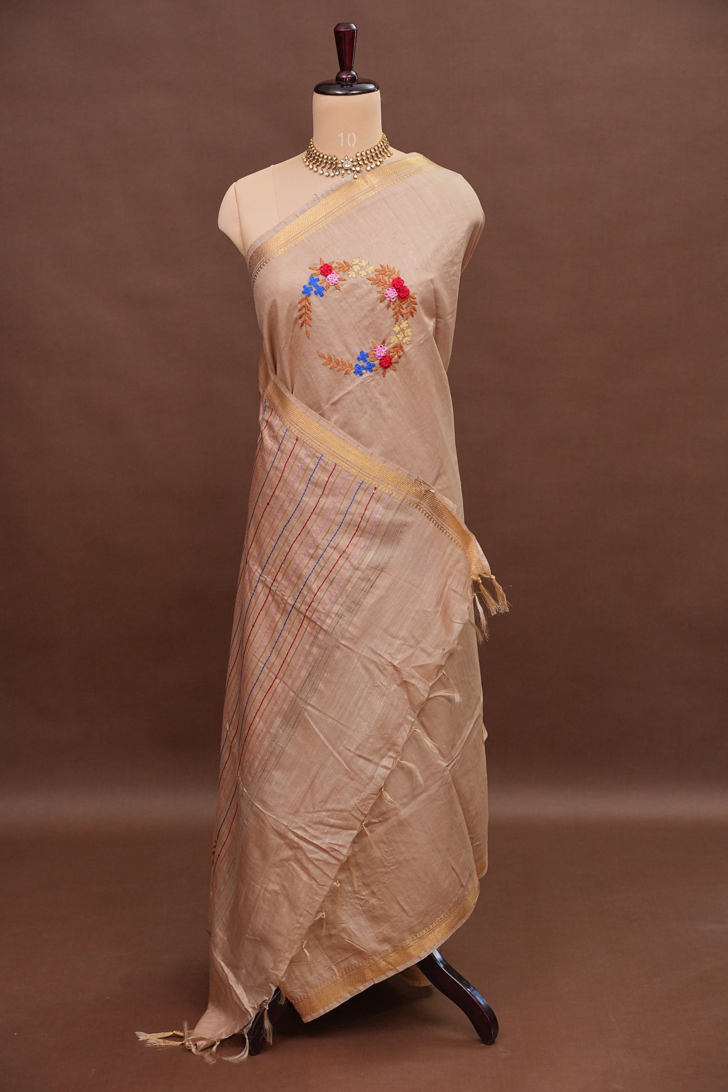 Hand Embroidery Pure Linen Silk Saree With Gold Zari Border - Beige Nude Shade