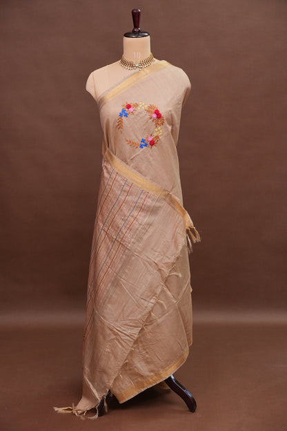 Hand Embroidery Pure Linen Silk Saree With Gold Zari Border - Beige Nude Shade