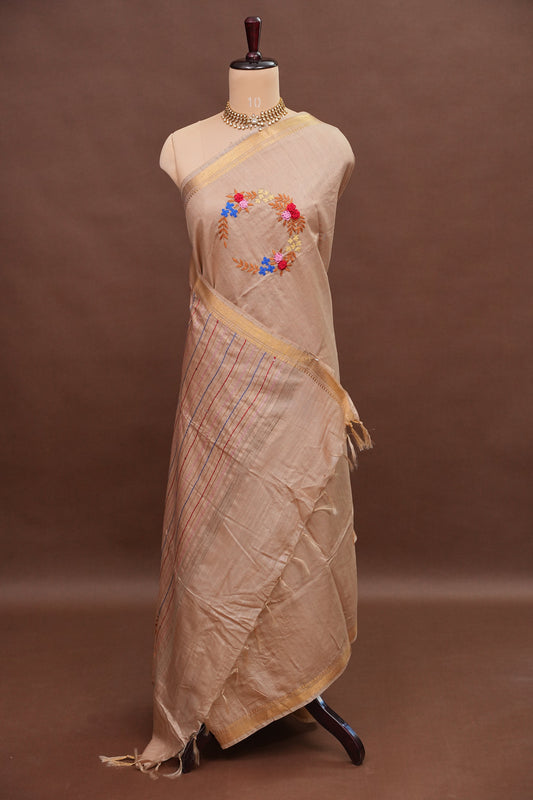 Hand Embroidery Pure Linen Silk Saree With Gold Zari Border - Beige Nude Shade